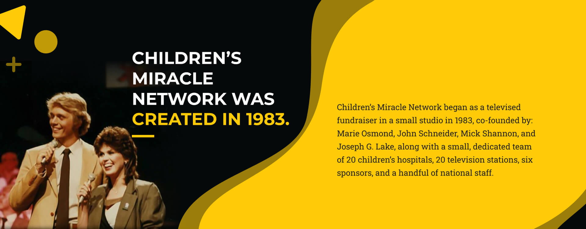 Slide 1 - Children’s Miracle Network was created in 1983. Children’s Miracle Network began as a televised fundraiser in a small studio in 1983, co-founded by Marie Osmond, John Schneider, Mick Shannon and Joseph G. Lake, along with a small, dedicated team of 20 children’s hospitals, 20 television stations, six sponsors and a handful of national staff.