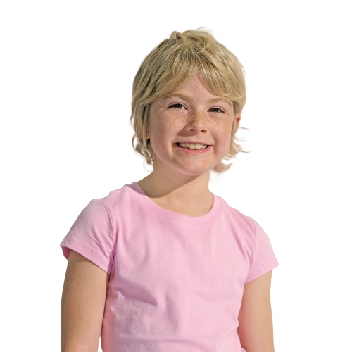 Portrait of Isabella, an 8-year-old girl in a pink shirt smiling against a light background